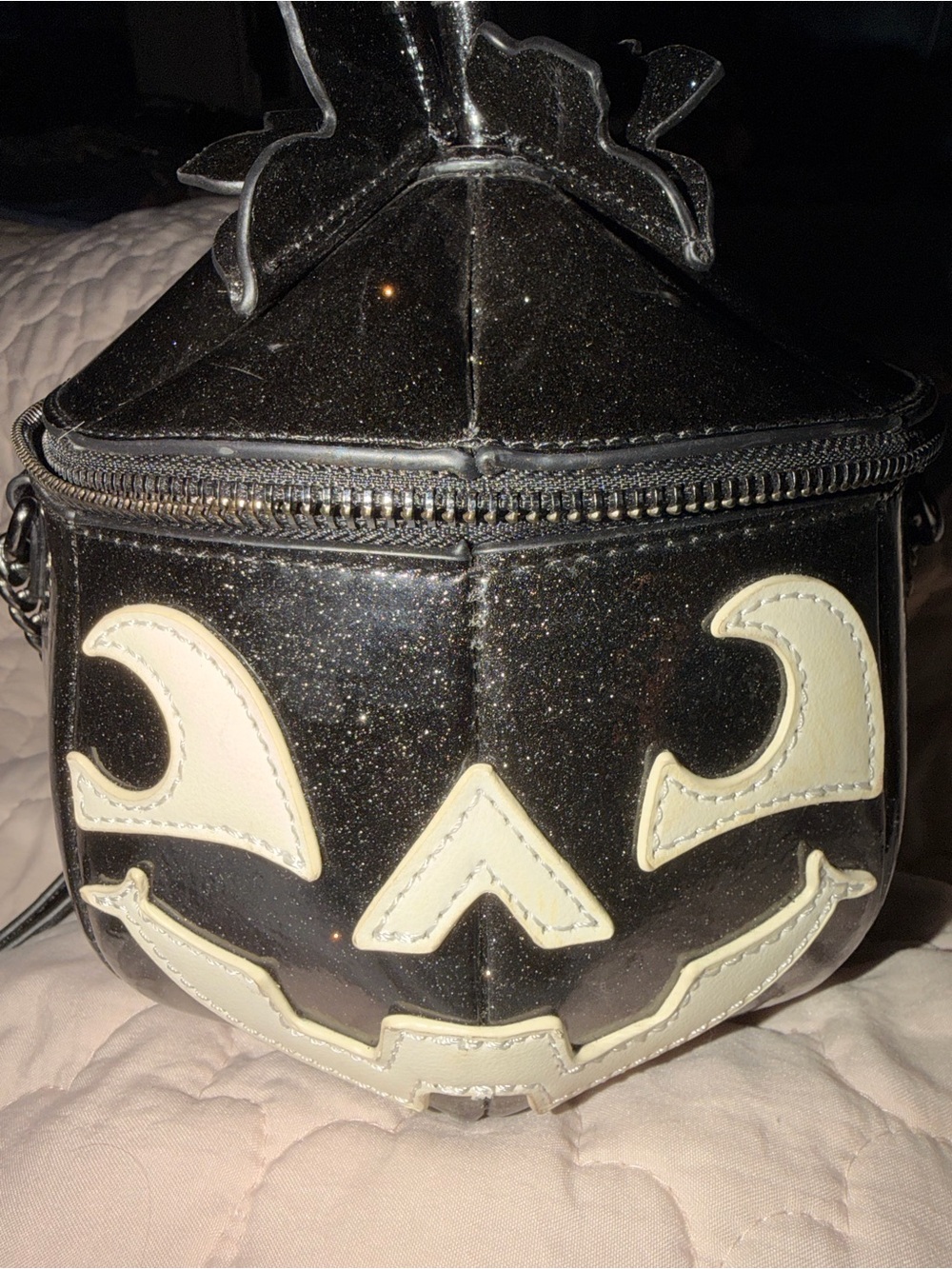 MAD Engine Black Glitter Crossbody Bag with Cream Pumpkin Face